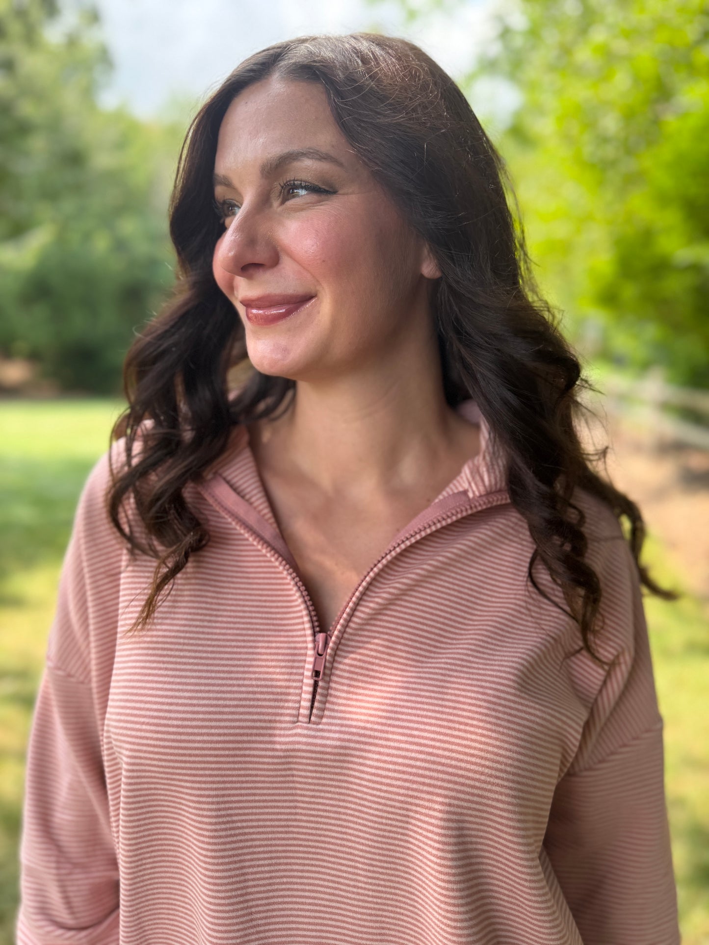 Striped Half Zip Knit Pullover Top Mauve