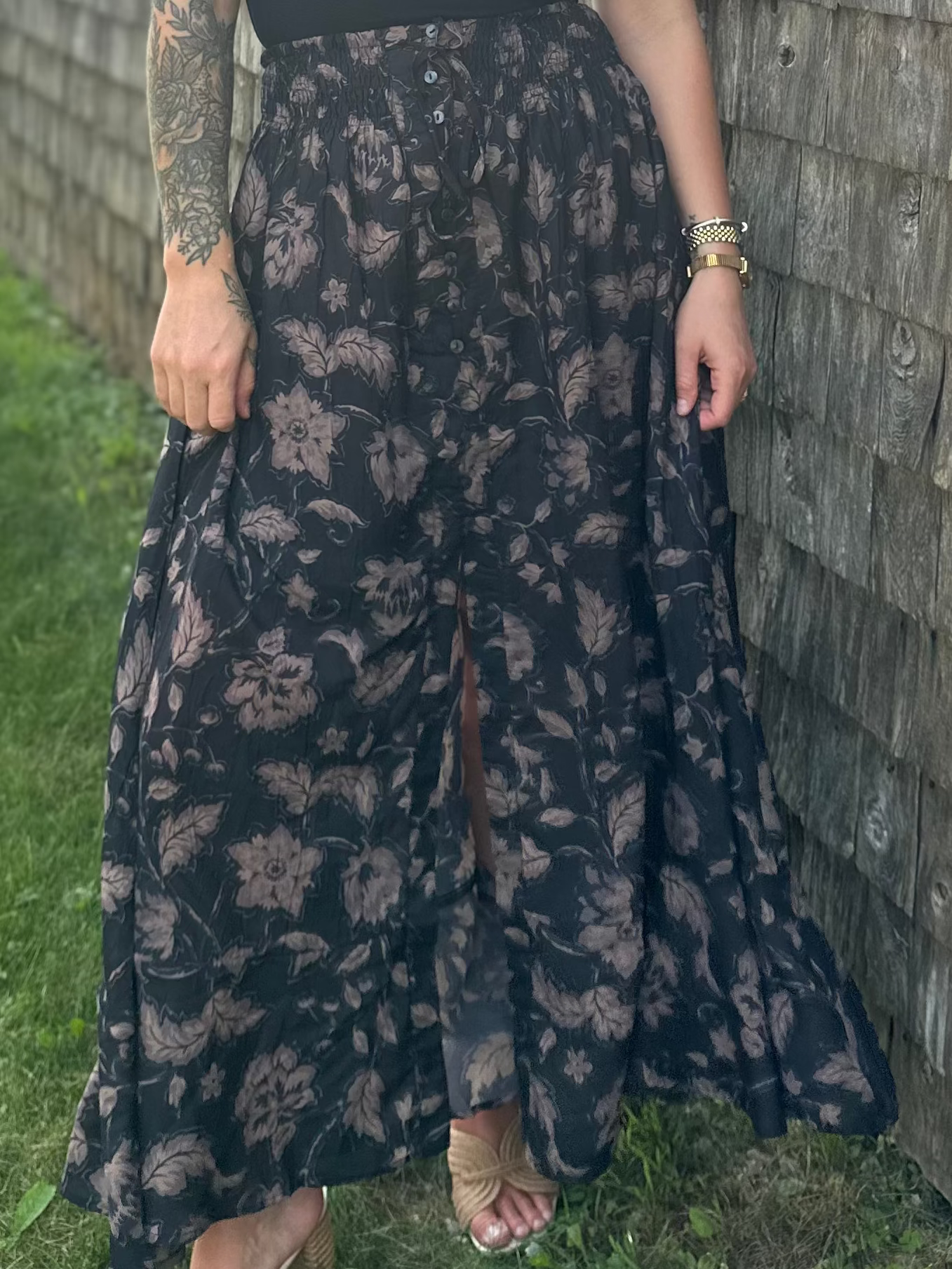 Floral Ruffle Maxi Skirt Black