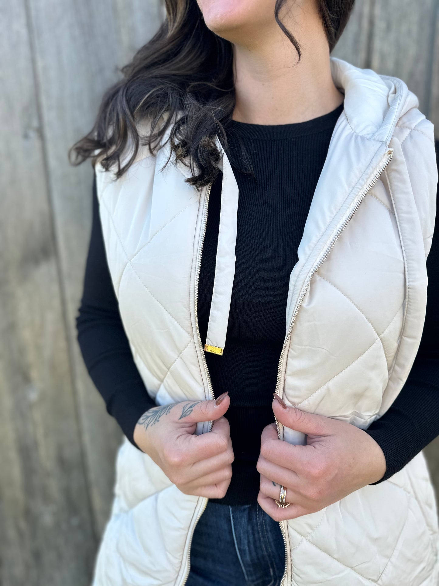 Long Quilted Puffer Vest with Hood Ivory