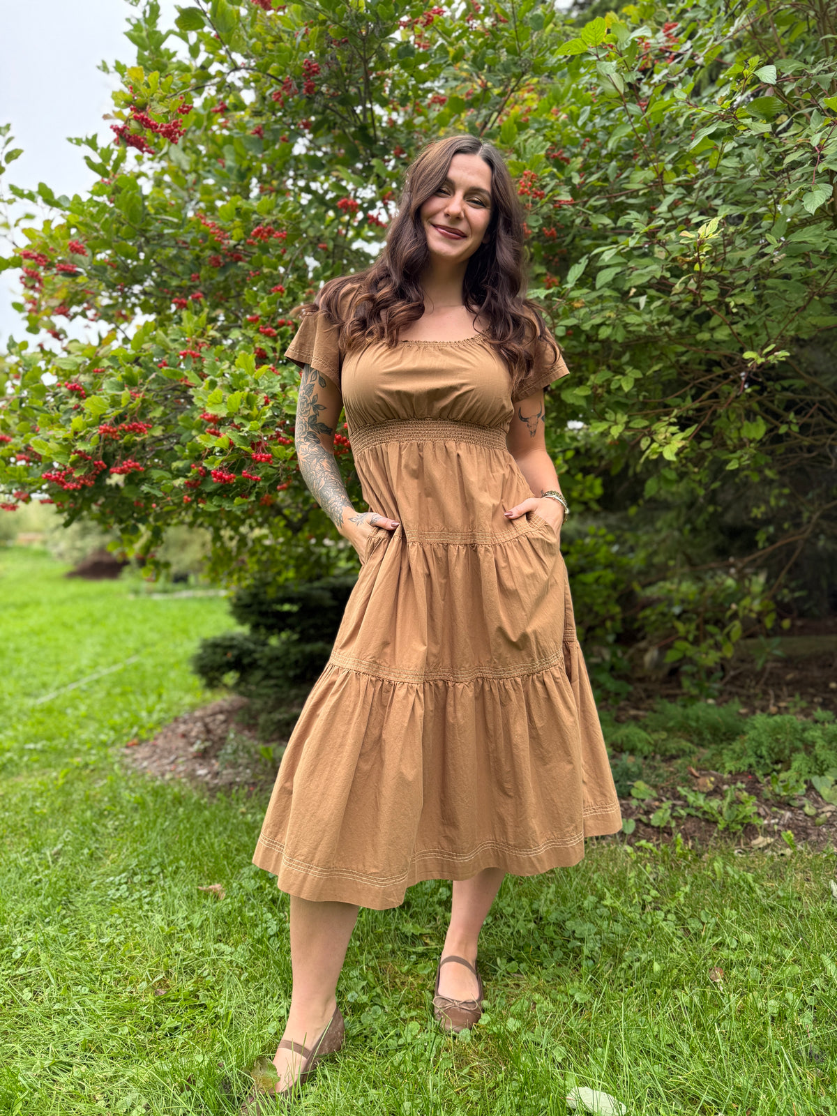 Smocked Waist Tiered Midi Dress Brown