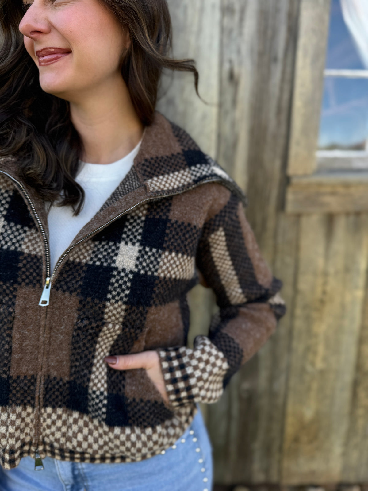 Checkered Fuzzy Sweater Jacket Brown