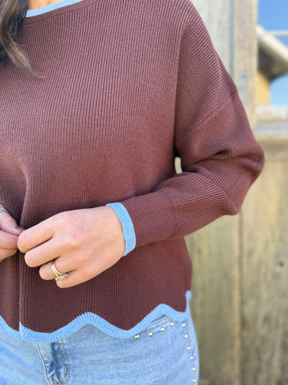 Contrast Scallop Hem Sweater Brown