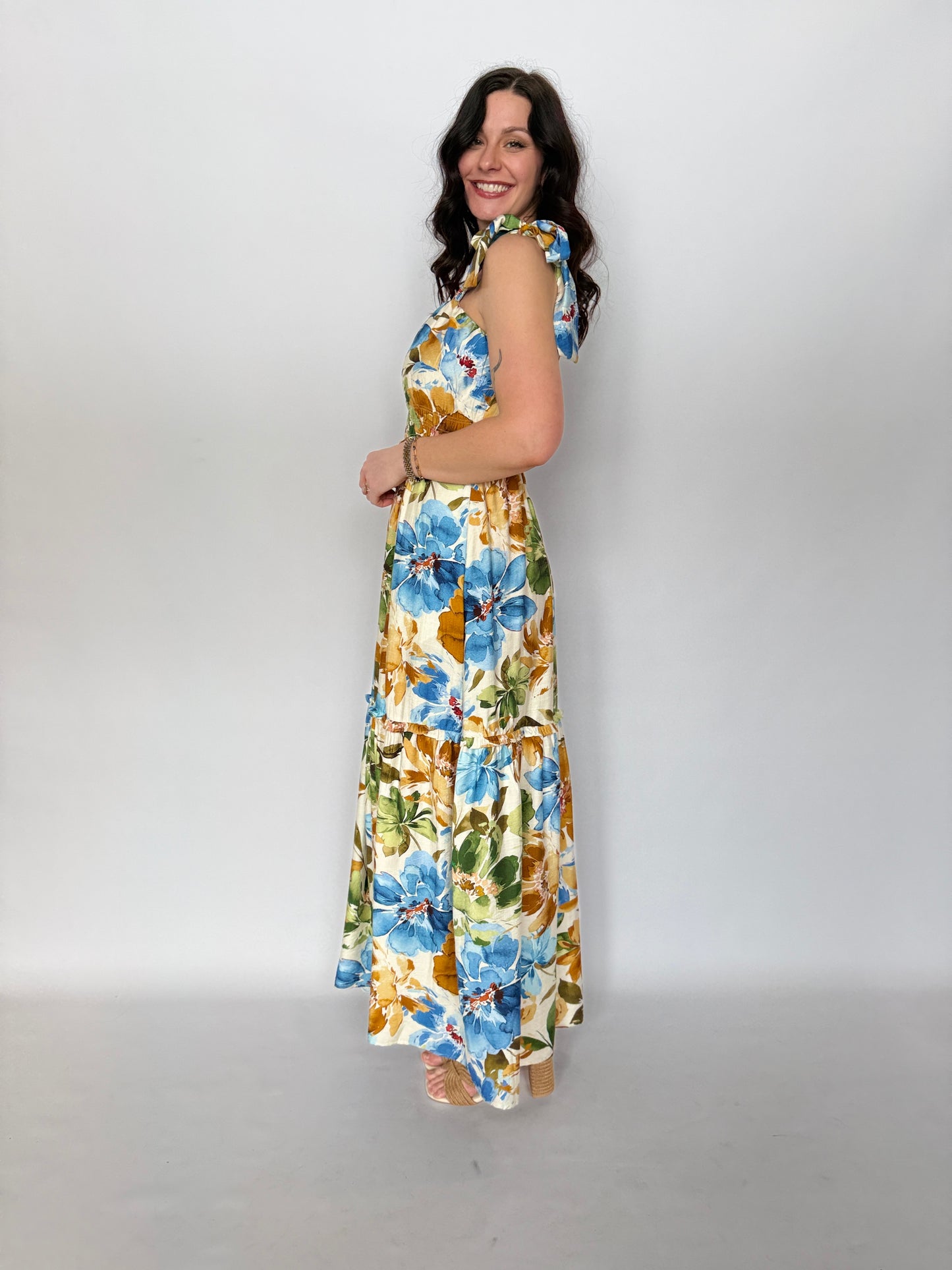 Floral Printed Tie Strap Maxi Dress
