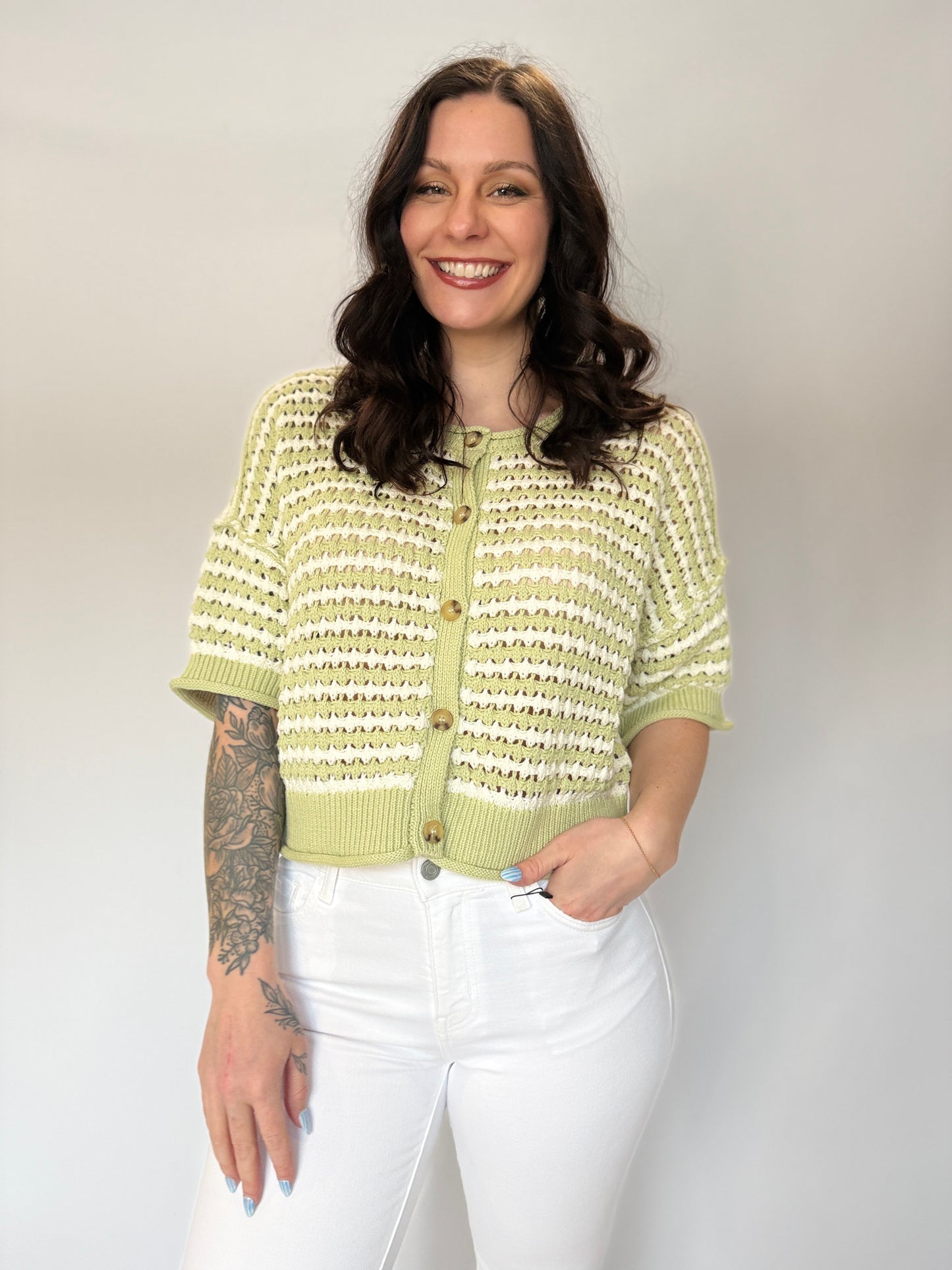 Short Sleeve Knit Button Sweater Sage