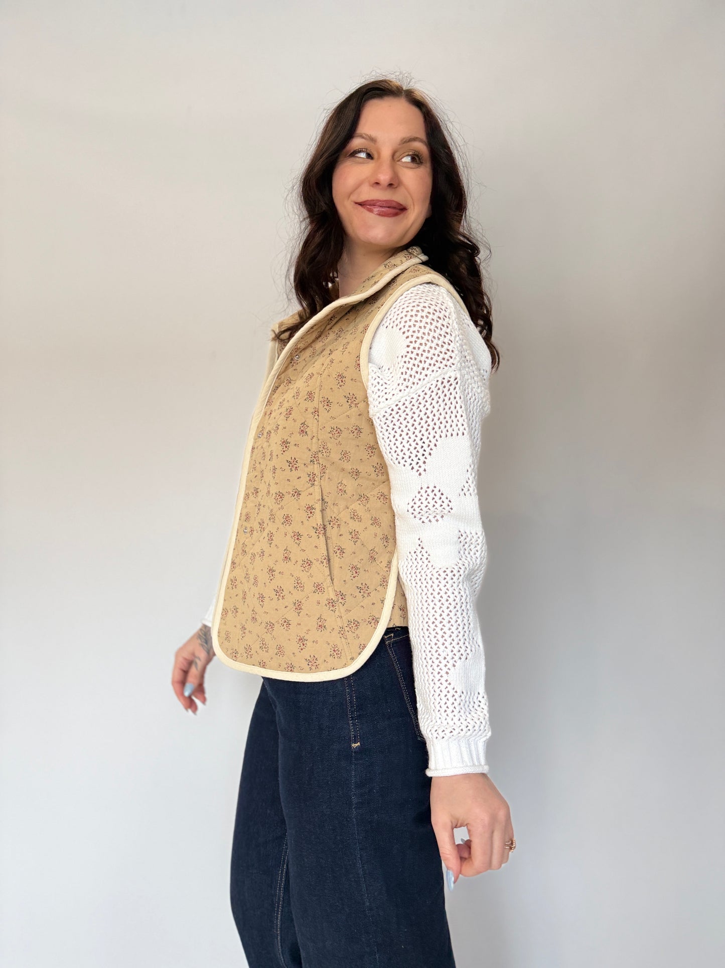 Floral Quilted Button Vest Khaki