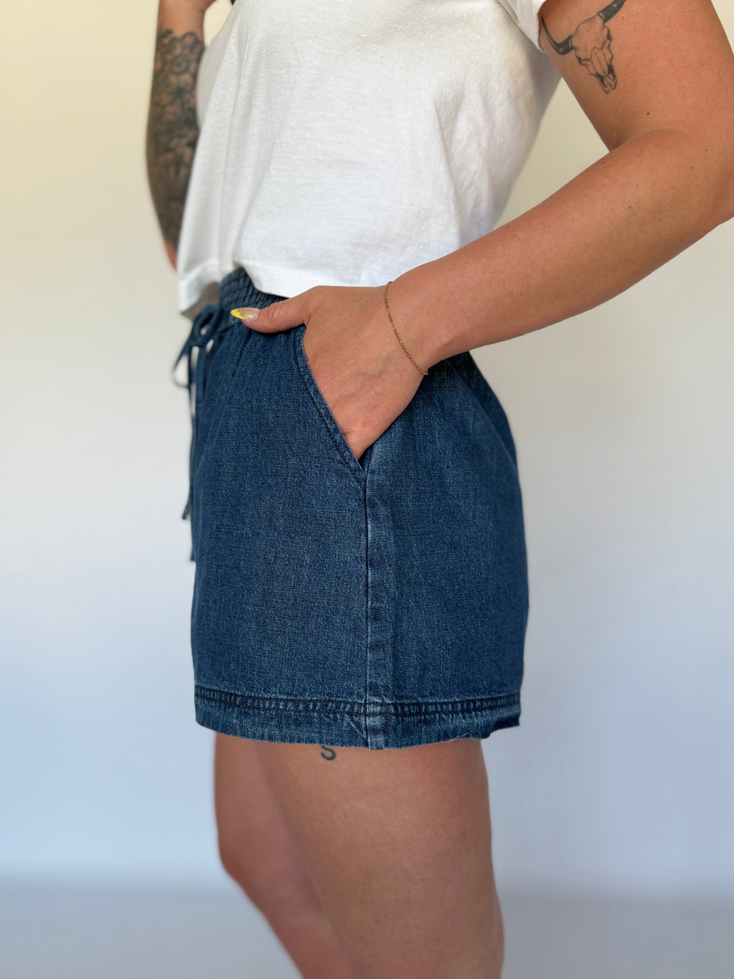Elastic Waist Denim Shorts