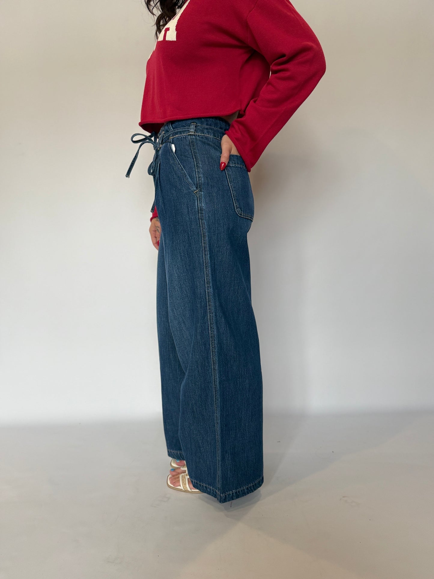 High Waist Wide Pleat Tie Denim