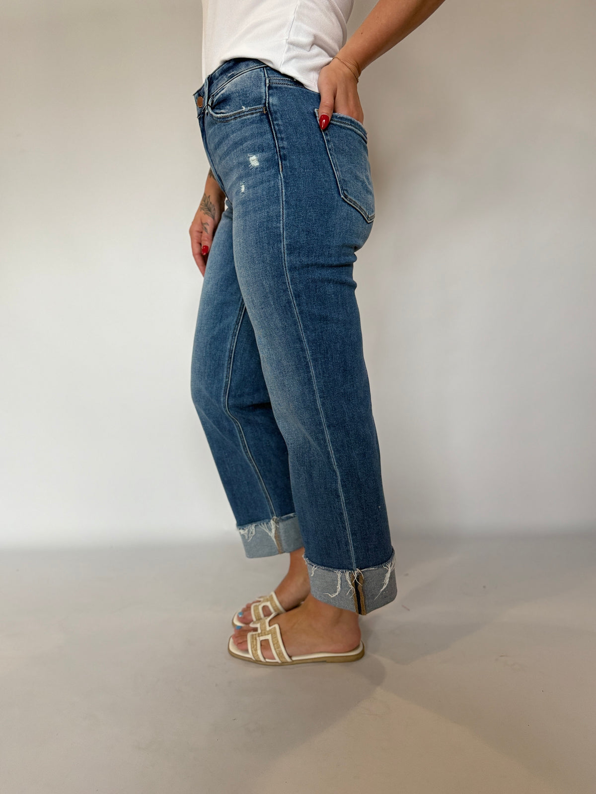 High Rise Cuffed Slim Wide Denim