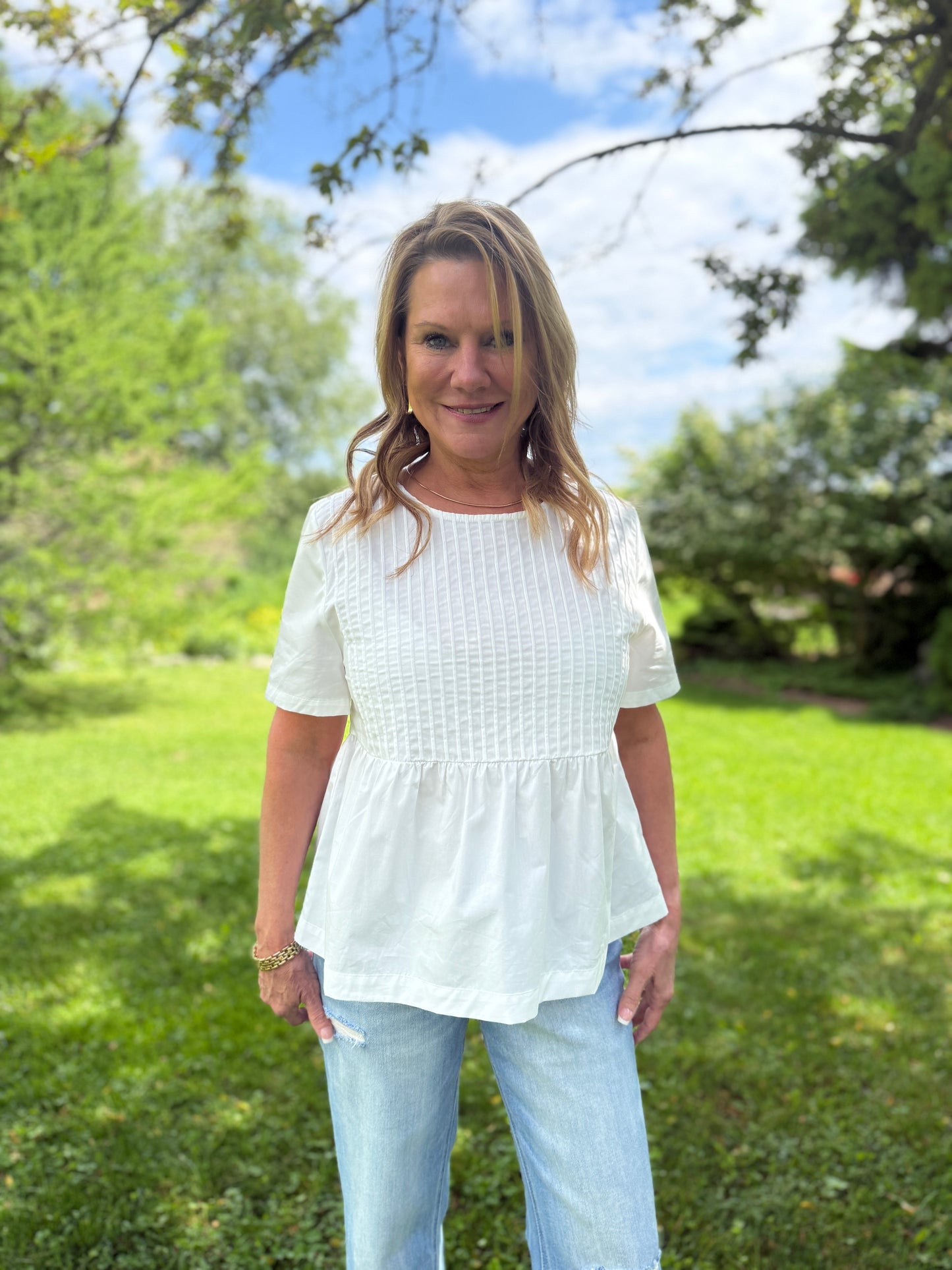 Poplin Baby Doll Tuck Top White