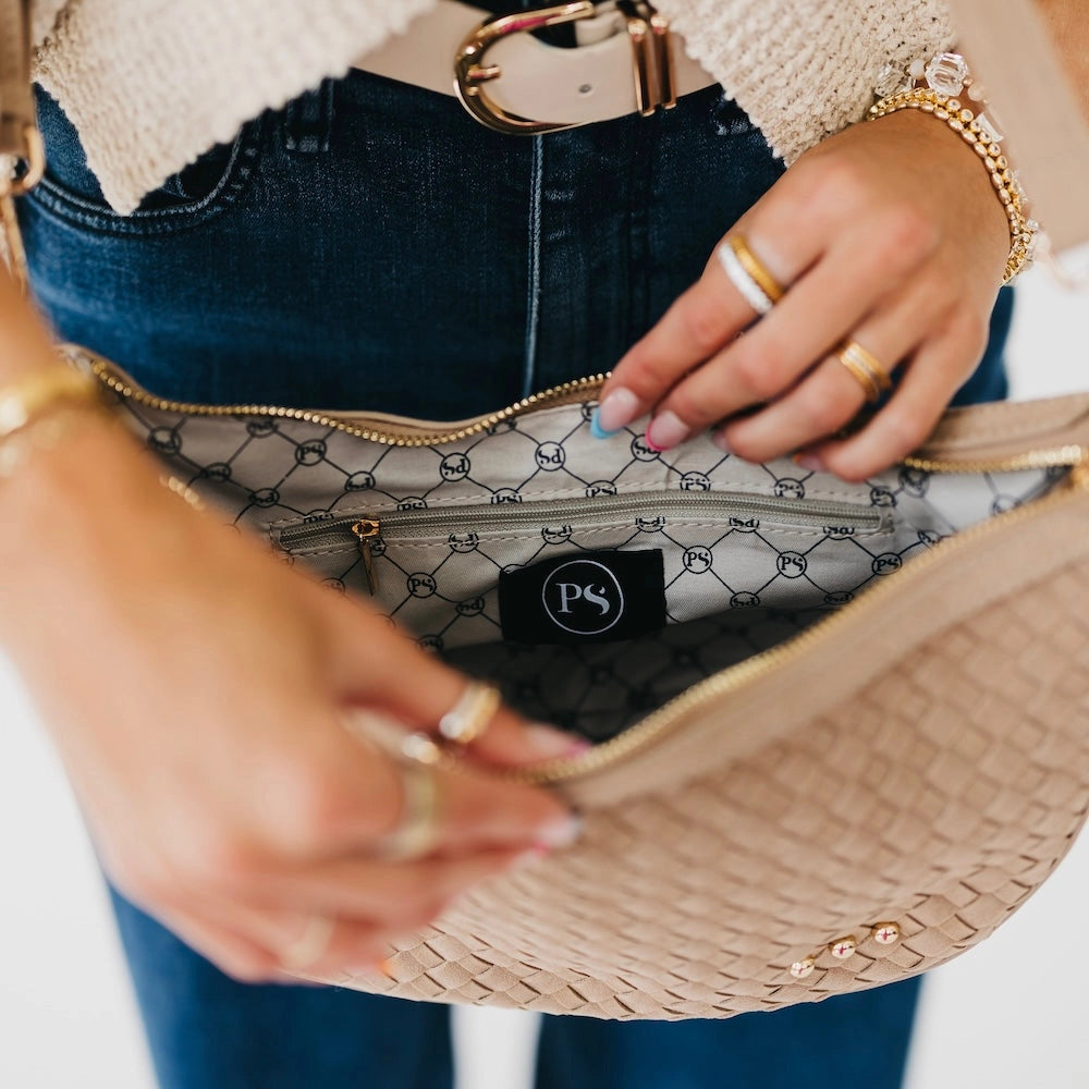 Paige Suede Woven Crossbody Camel
