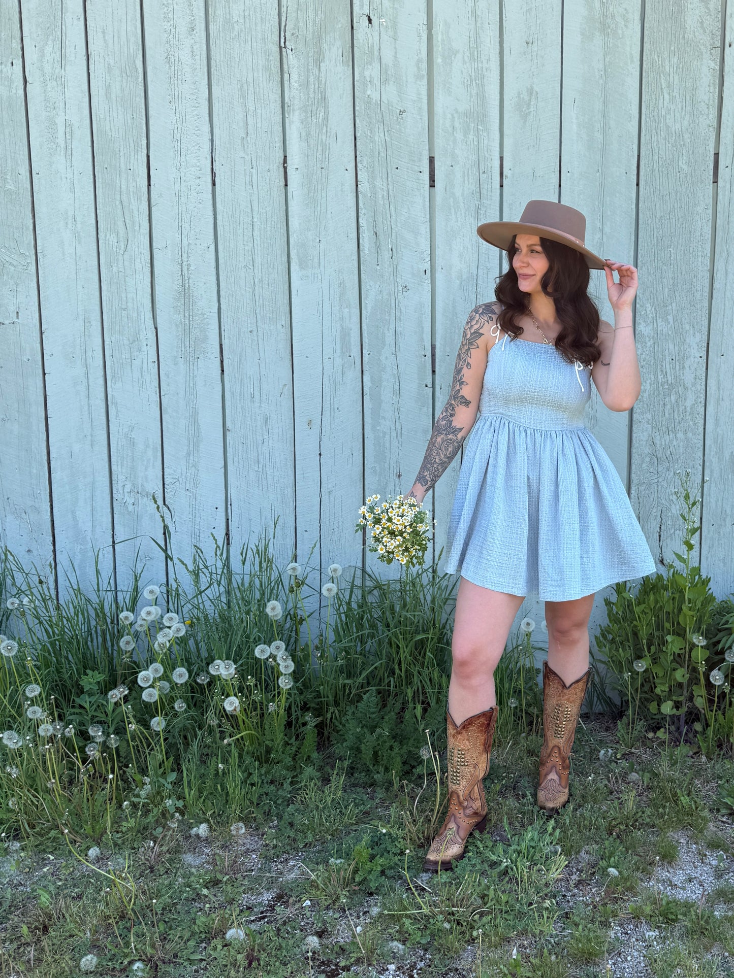 Polka Dot Fit & Flare Denim Dress
