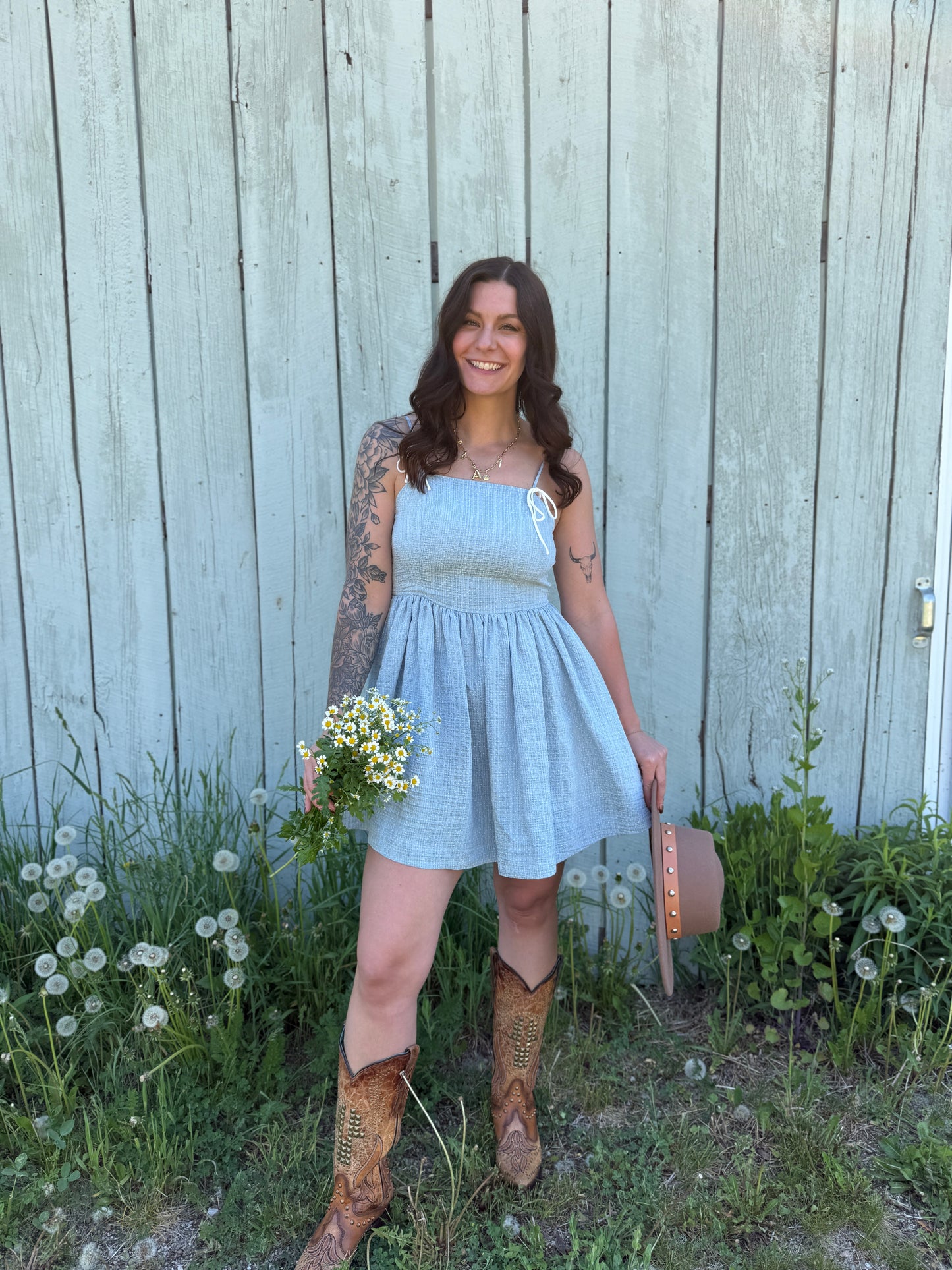 Polka Dot Fit & Flare Denim Dress