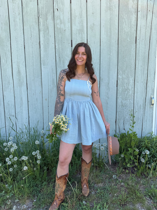 Polka Dot Fit & Flare Denim Dress