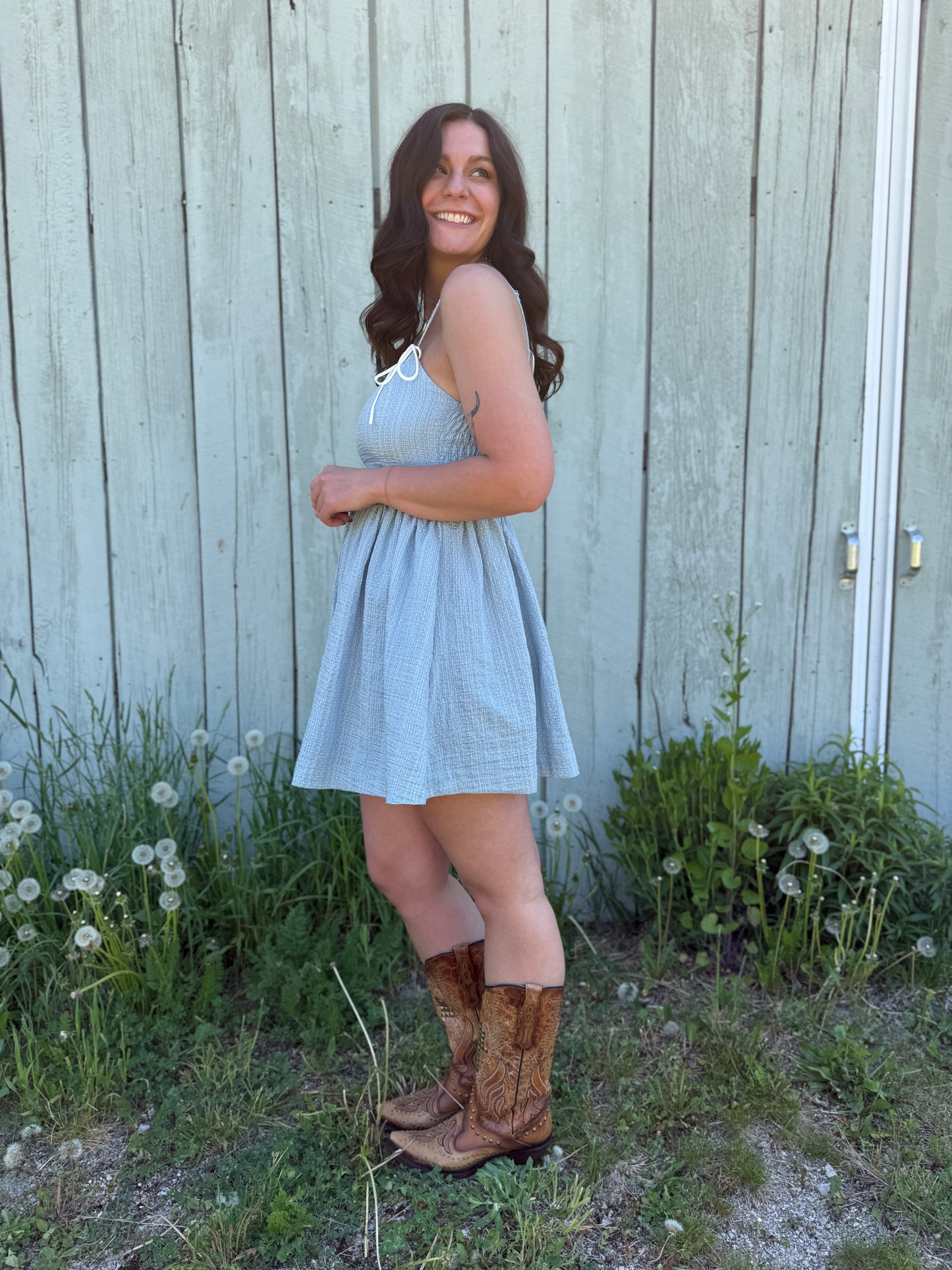 Polka Dot Fit & Flare Denim Dress