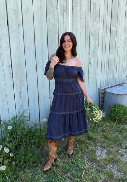 Smocked Waist Tiered Midi Dress Navy