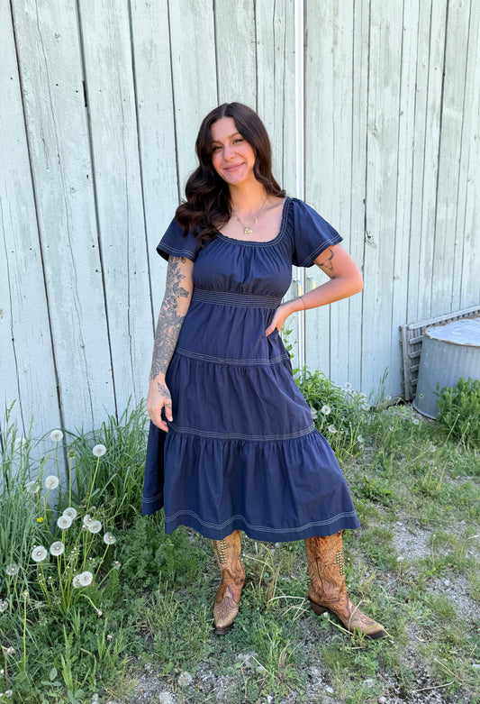 Smocked Waist Tiered Midi Dress Navy