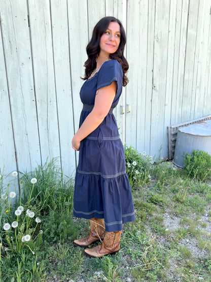 Smocked Waist Tiered Midi Dress Navy
