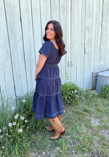Smocked Waist Tiered Midi Dress Navy