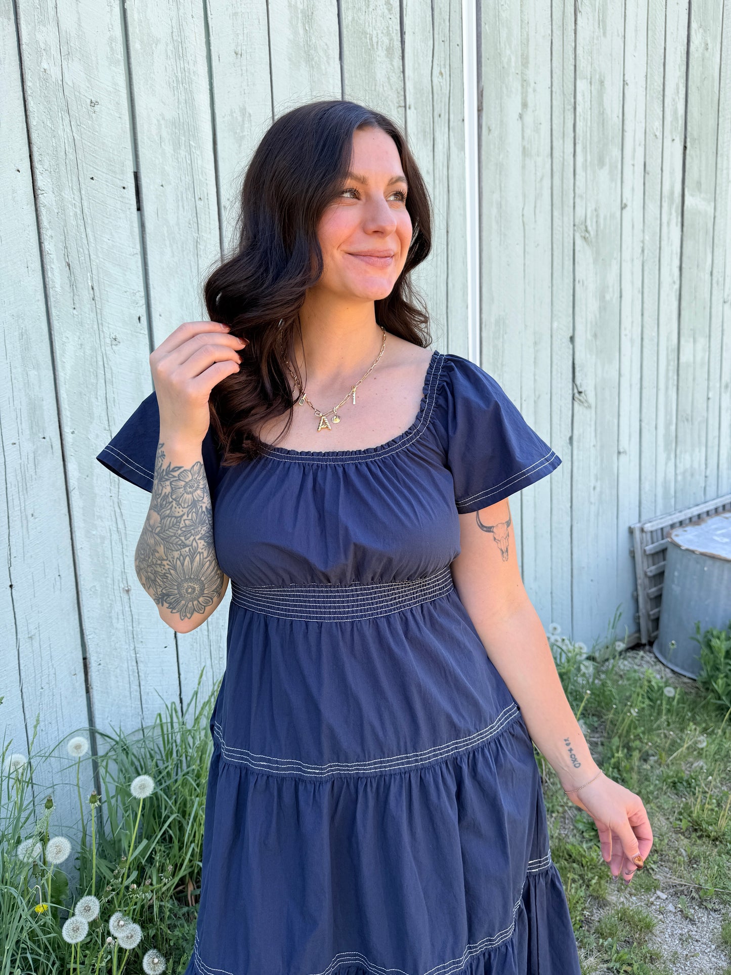Smocked Waist Tiered Midi Dress Navy