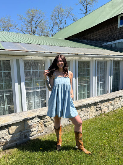 Pleated Mini Dress Light Denim