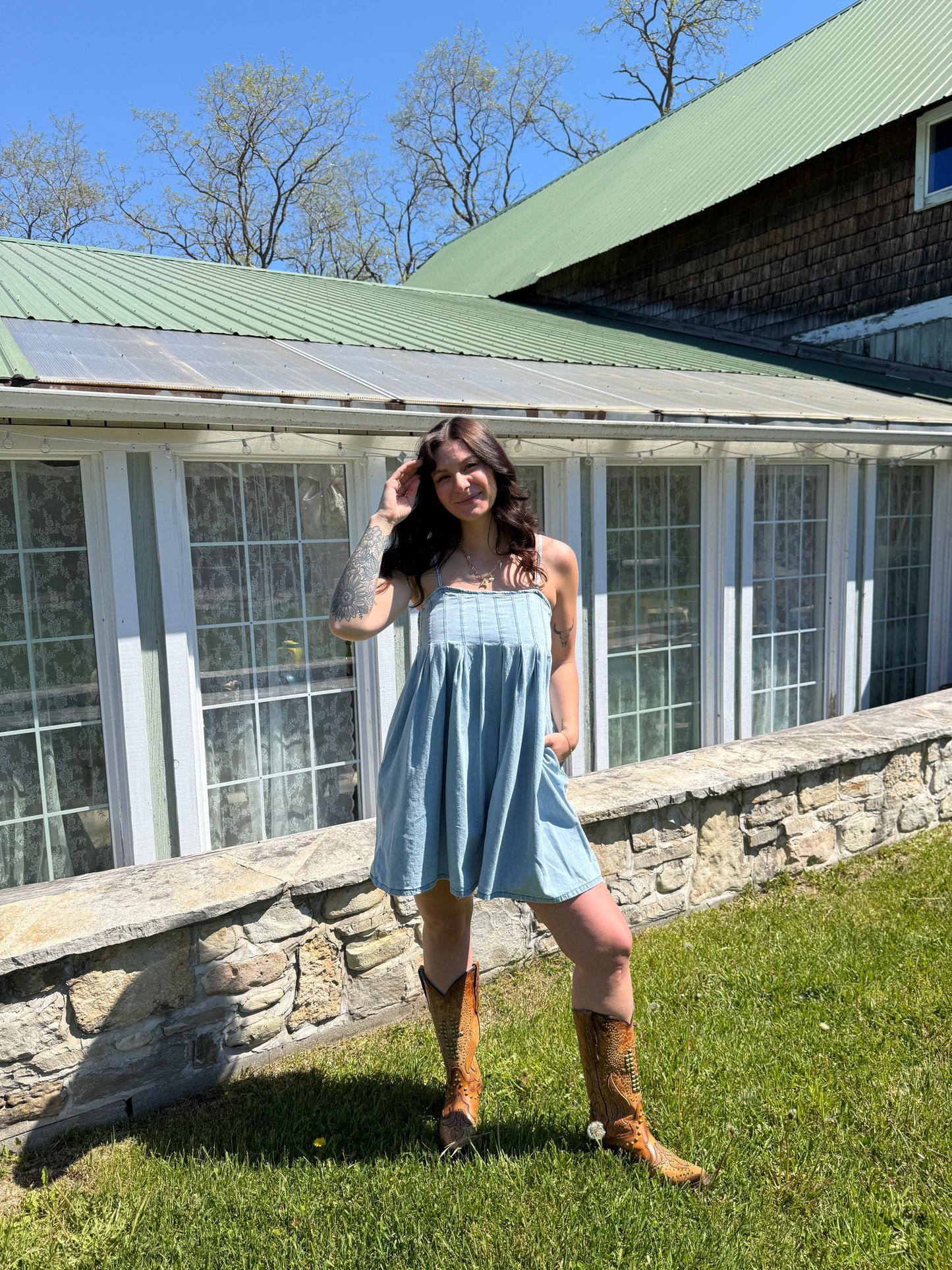 Pleated Mini Dress Light Denim