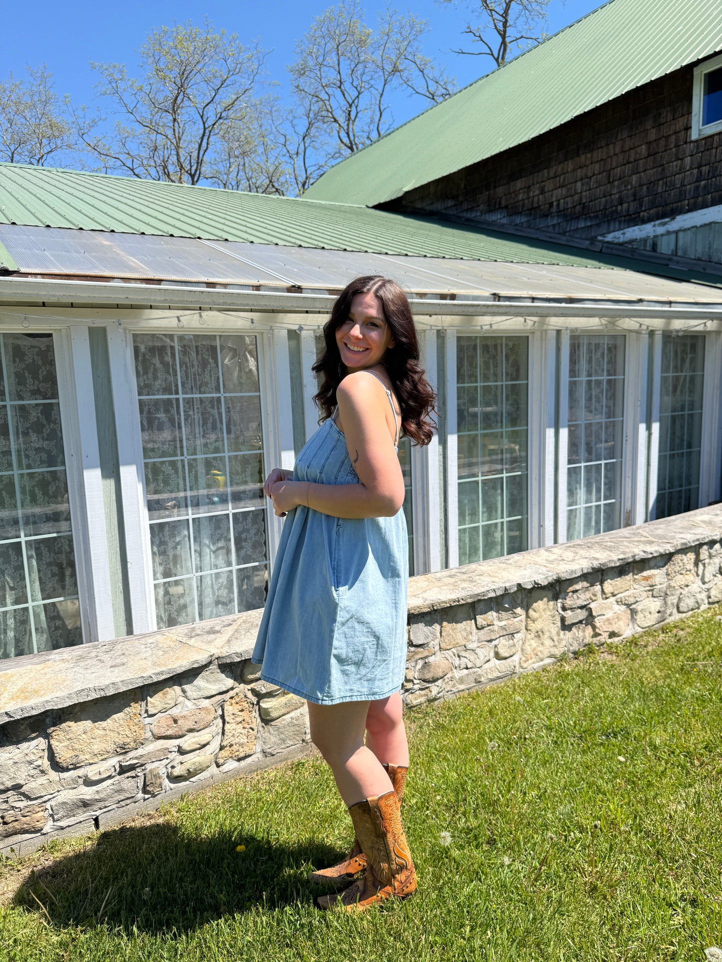 Pleated Mini Dress Light Denim