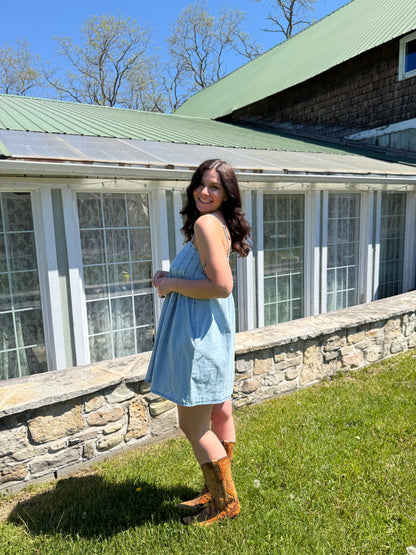 Pleated Mini Dress Light Denim