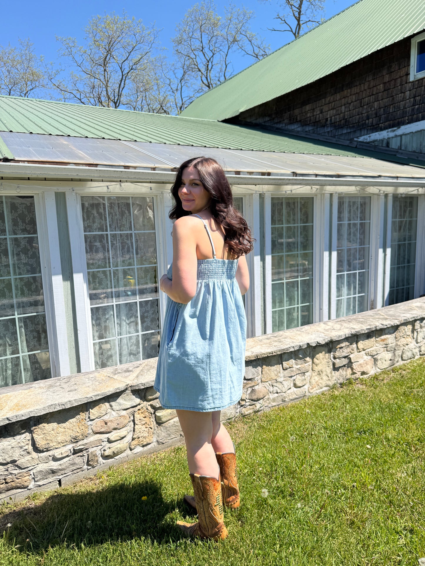 Pleated Mini Dress Light Denim