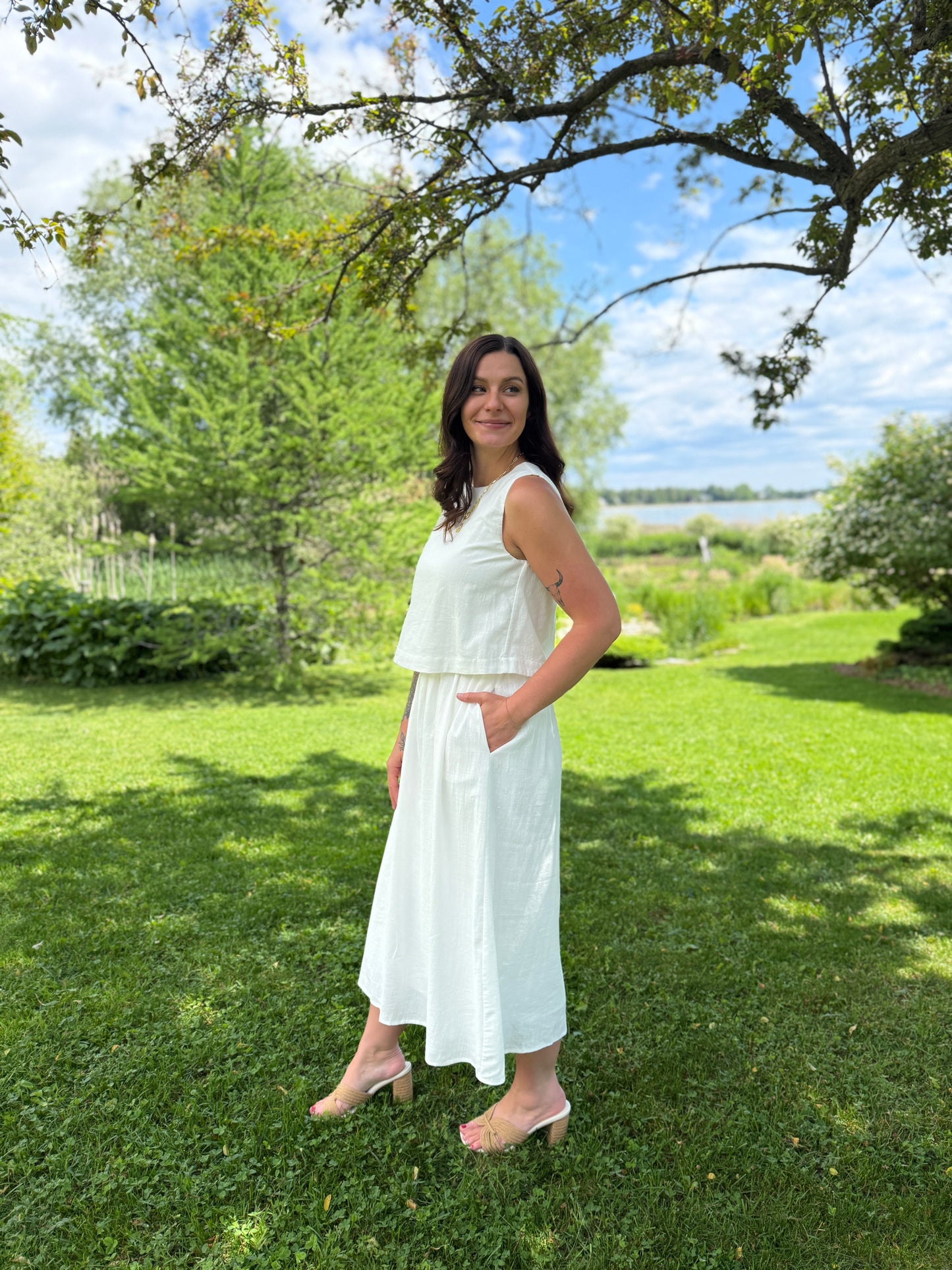 Layered Look Midi Dress White