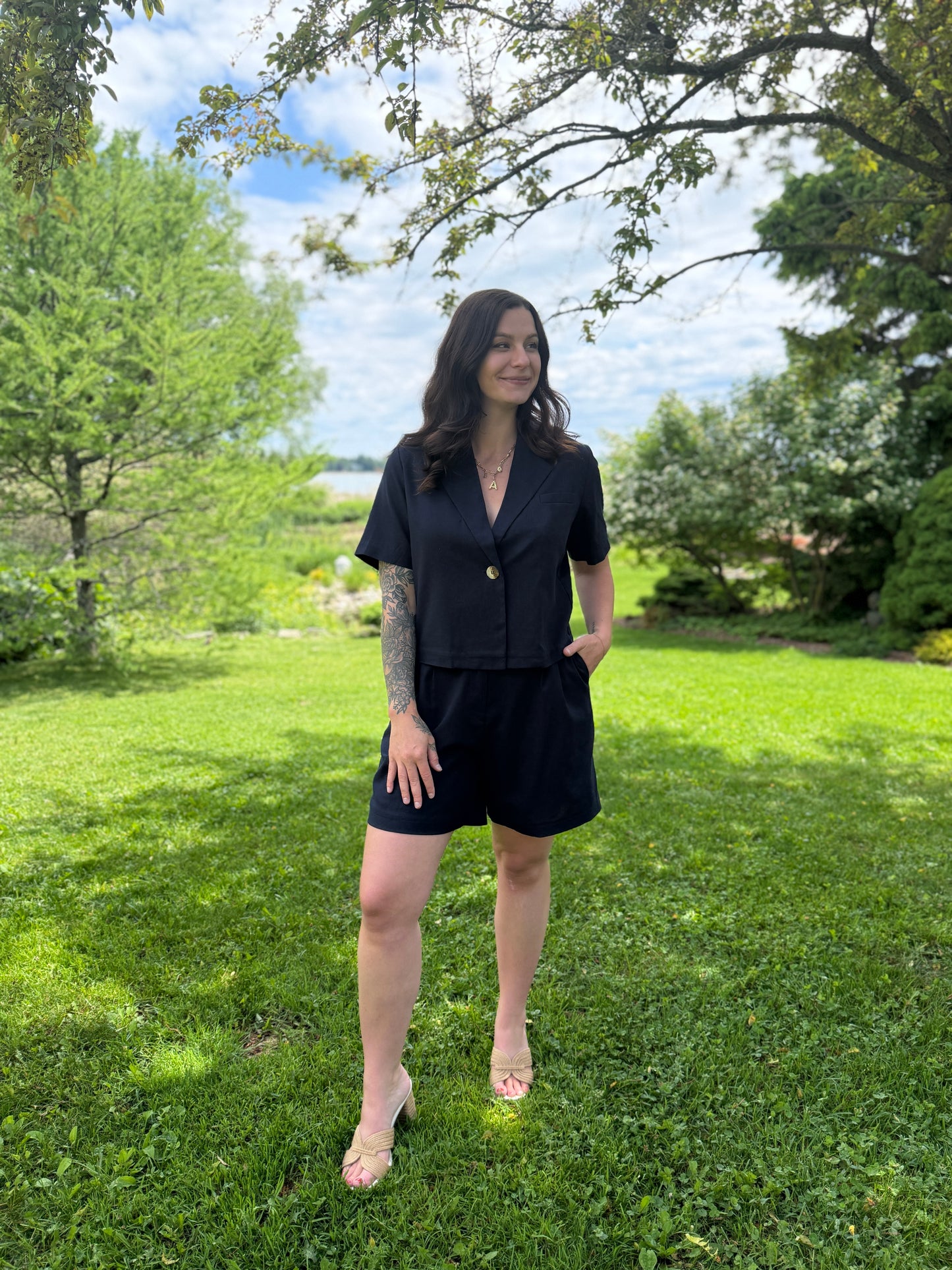 Half Sleeve Button Short Jacket Navy