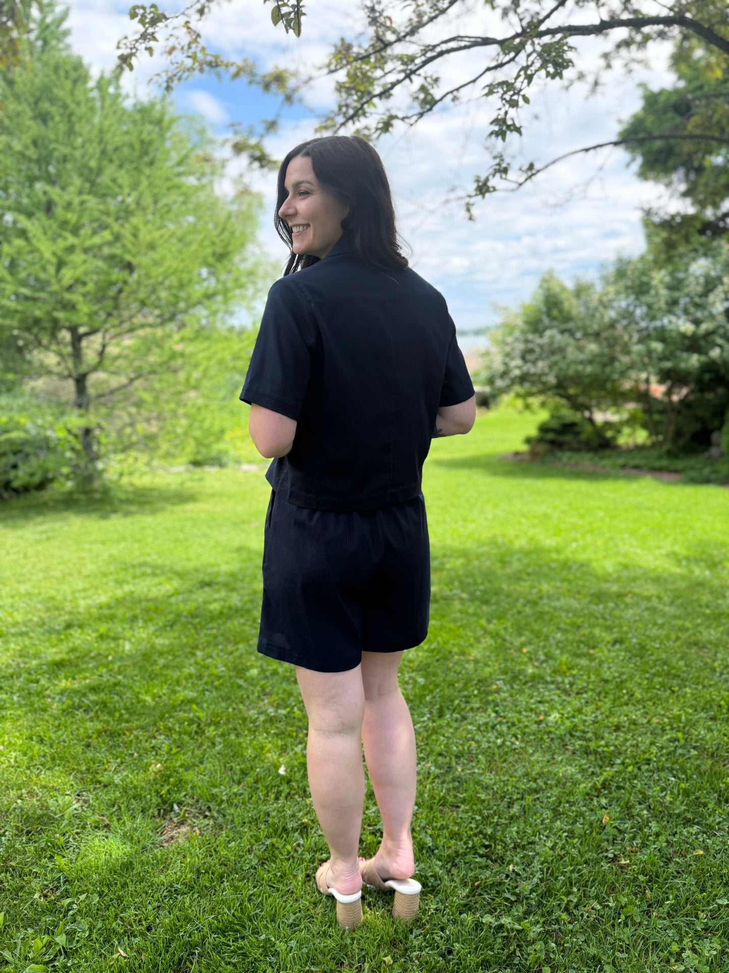 Half Sleeve Button Short Jacket Navy