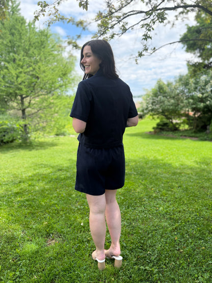 Half Sleeve Button Short Jacket Navy