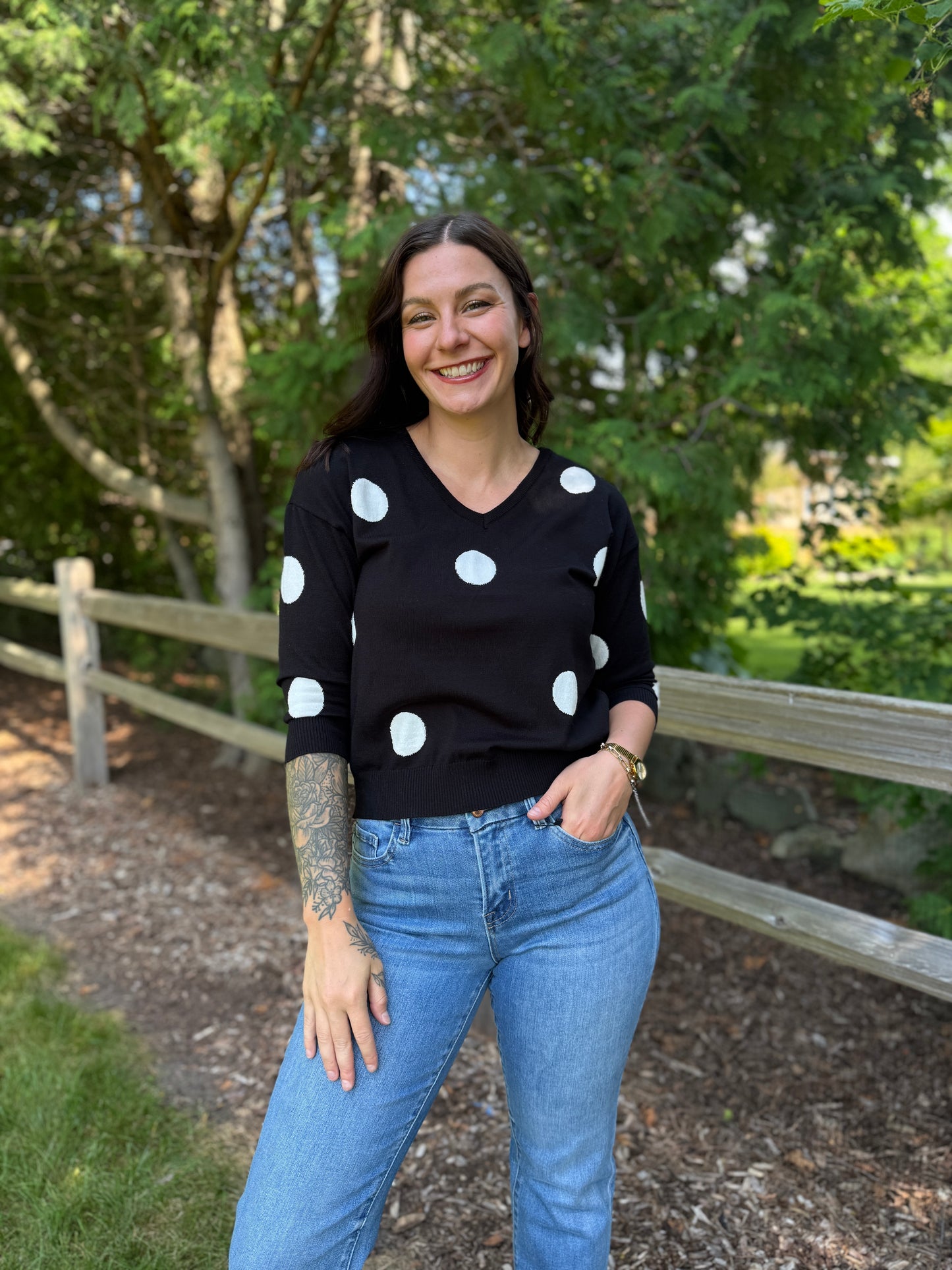 3/4 Sleeve Dot Sweater Black
