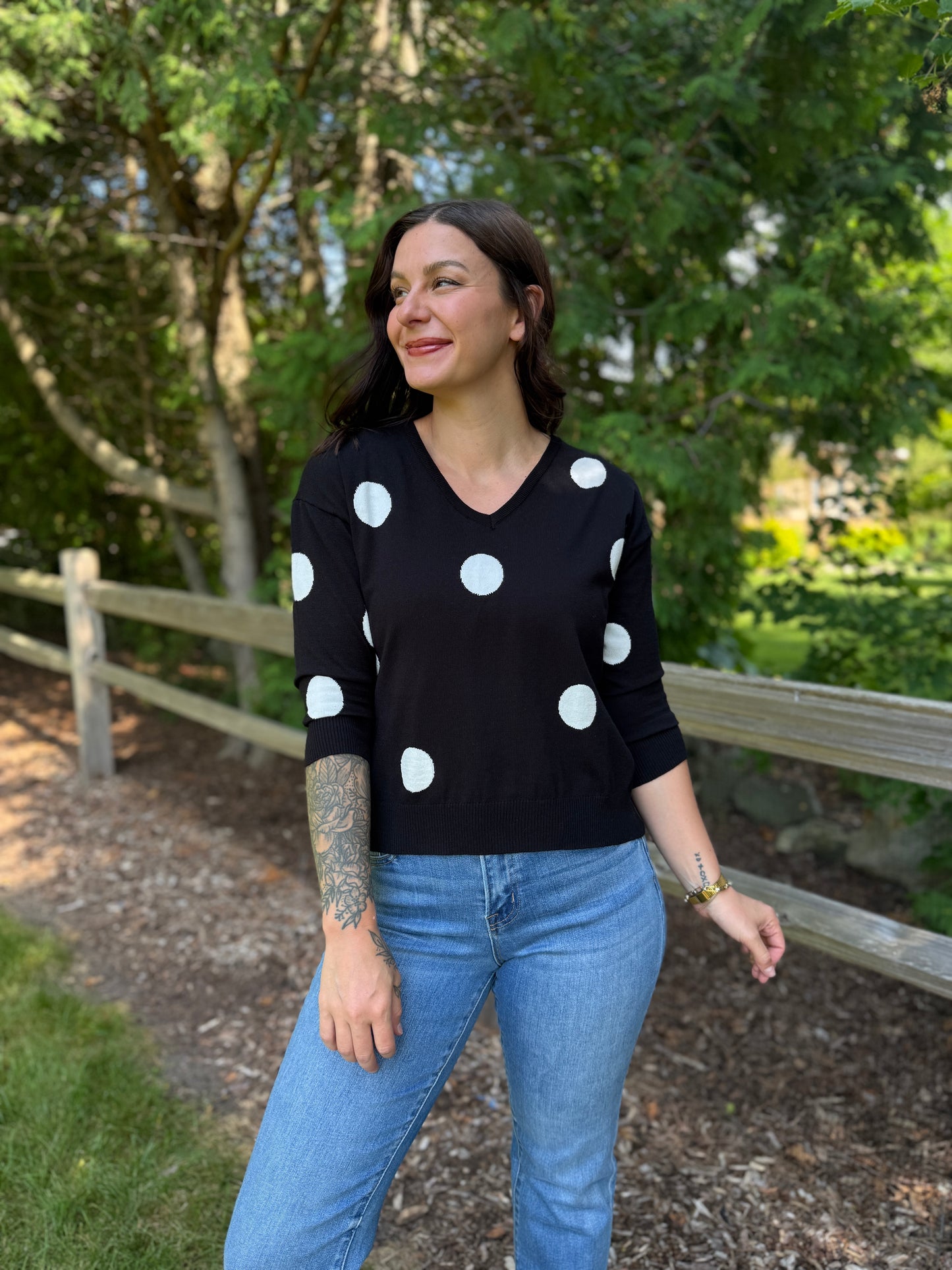 3/4 Sleeve Dot Sweater Black
