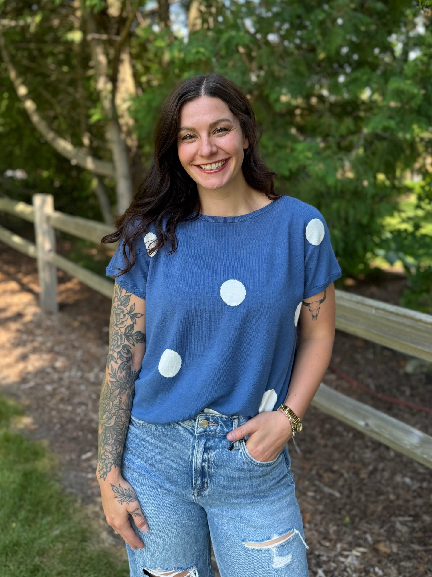 Short Sleeve Dot Sweater Blue