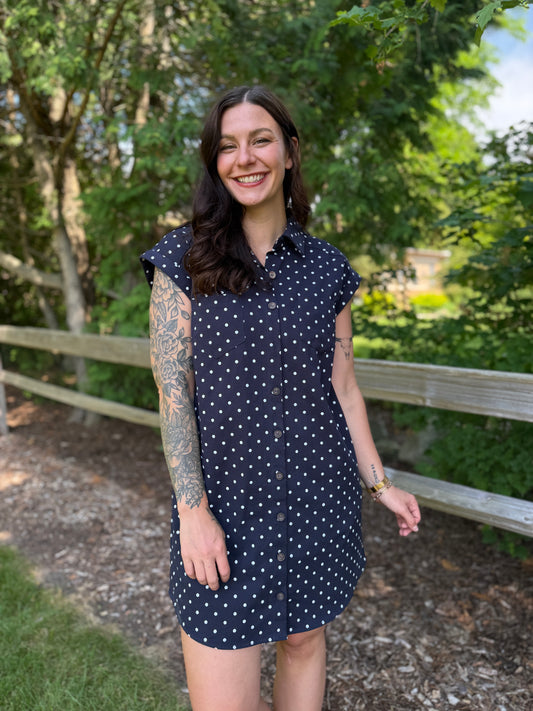 Woven Polka Dot Mini Dress Navy