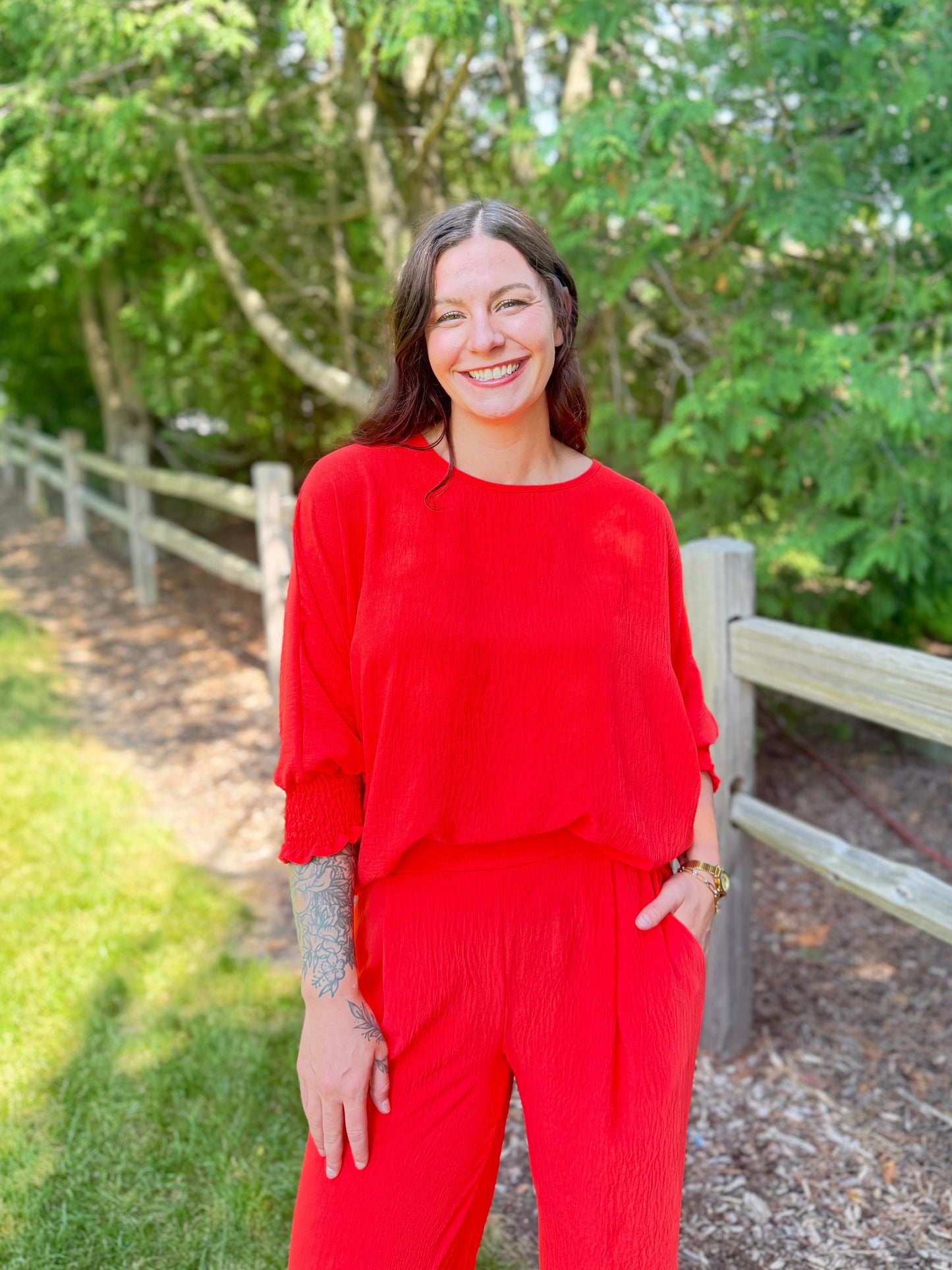 Flowy Scrunch Sleeve Top Orange