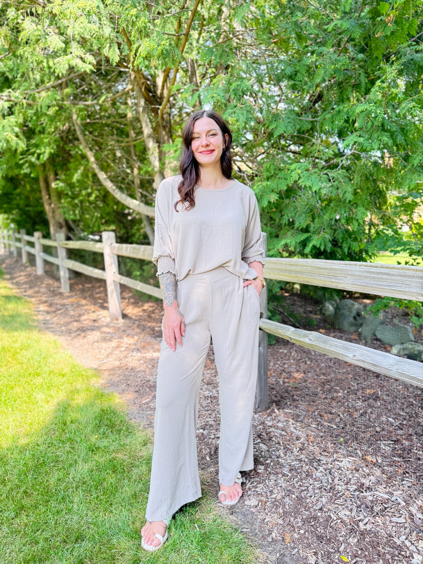 Flowy Scrunch Sleeve Top Taupe