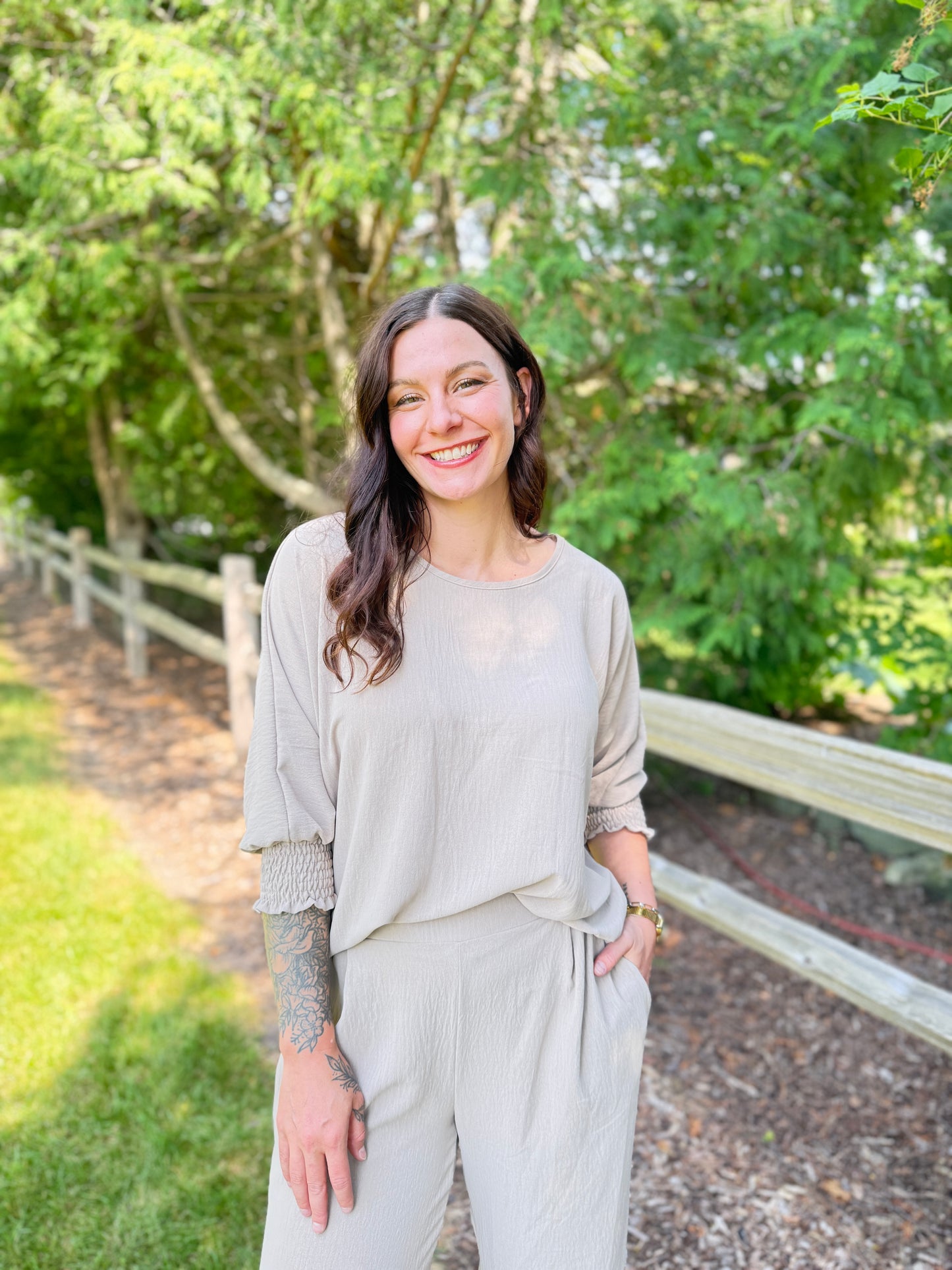 Flowy Scrunch Sleeve Top Taupe