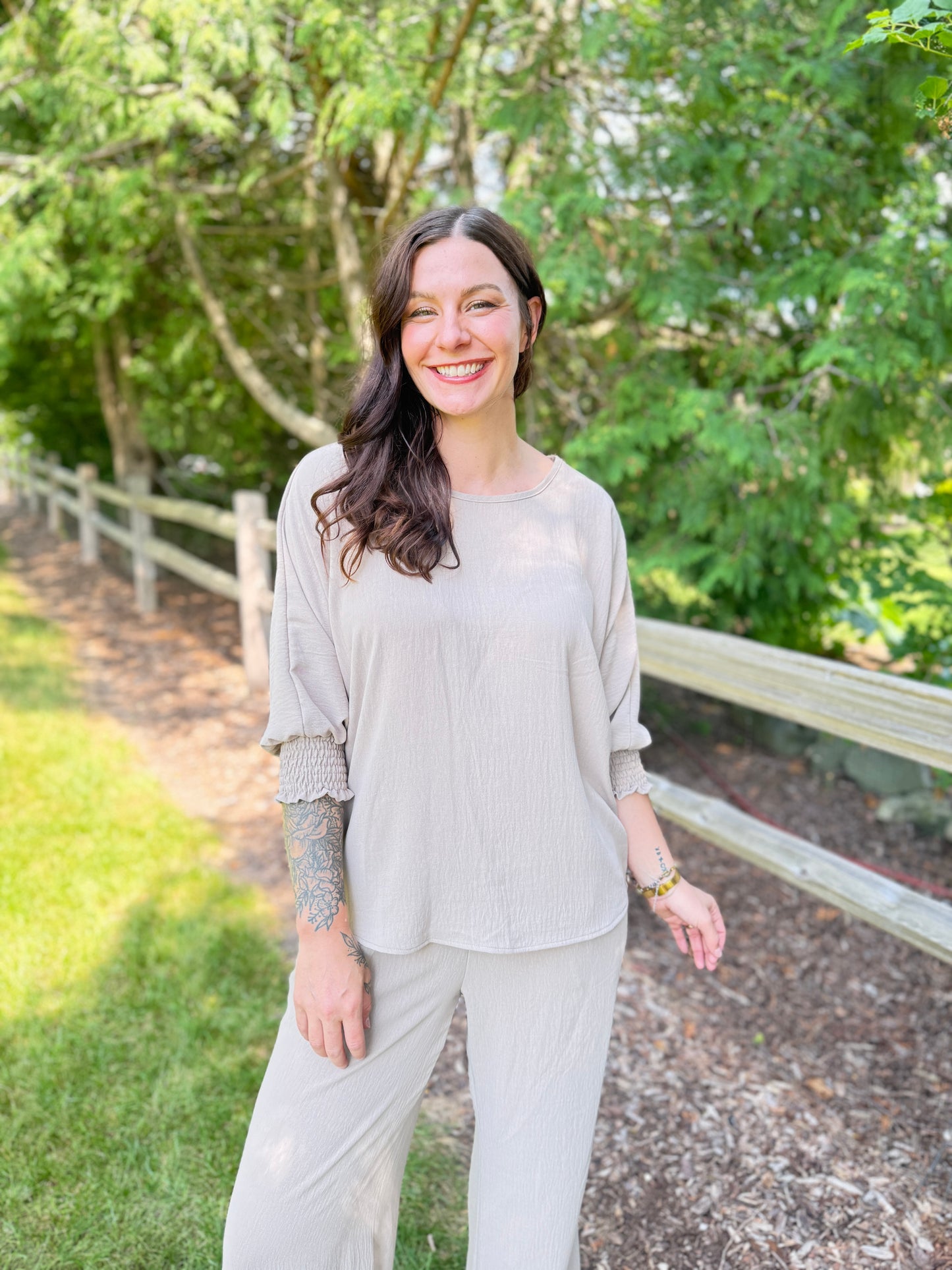 Flowy Scrunch Sleeve Top Taupe