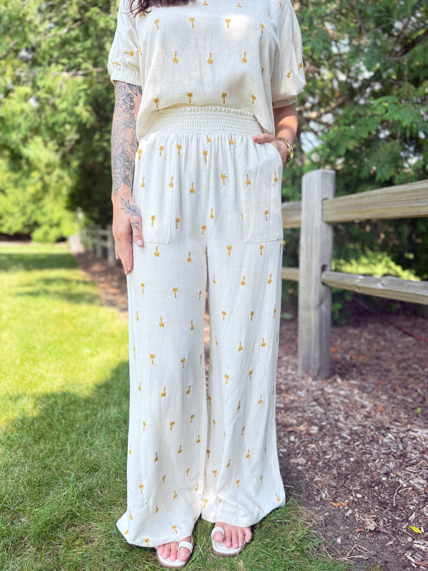 Embroidered Linen Smocked Waist Pants