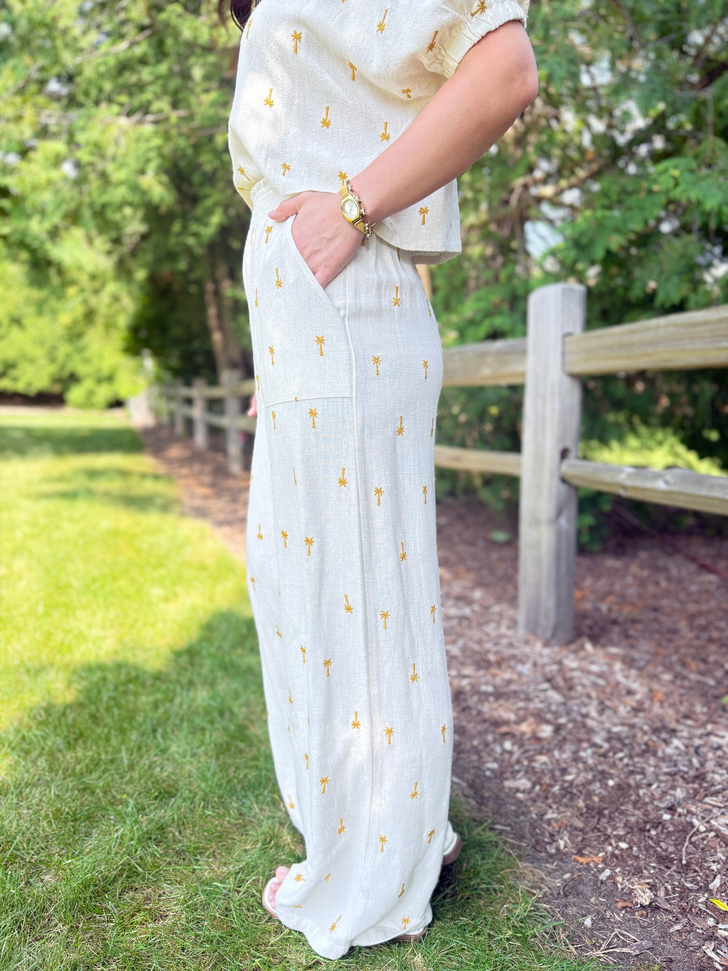 Embroidered Linen Smocked Waist Pants