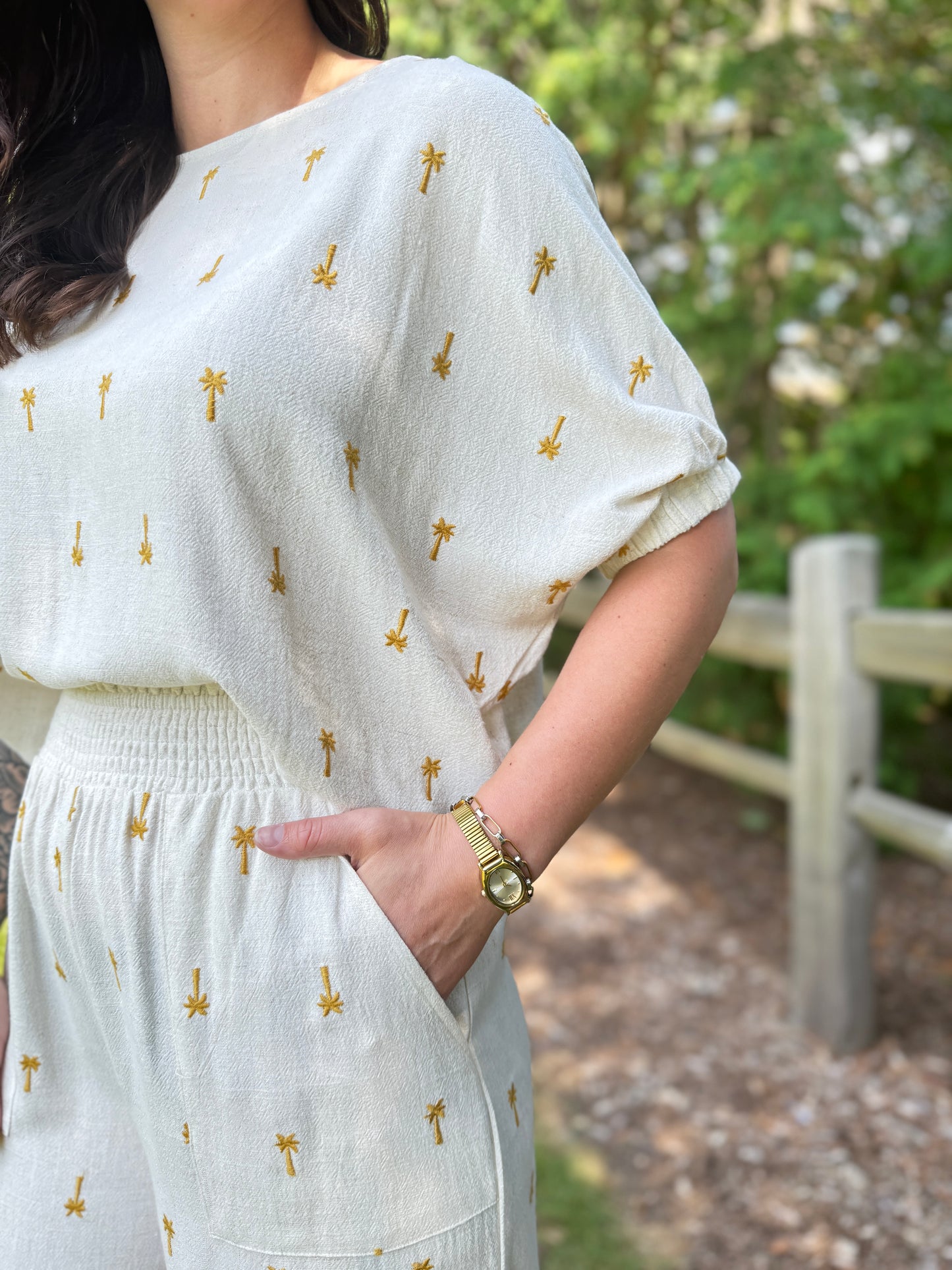 Embroidered Linen Smocked Waist Pants