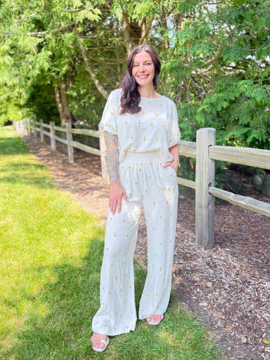 Embroidered Linen Smocked Waist Pants