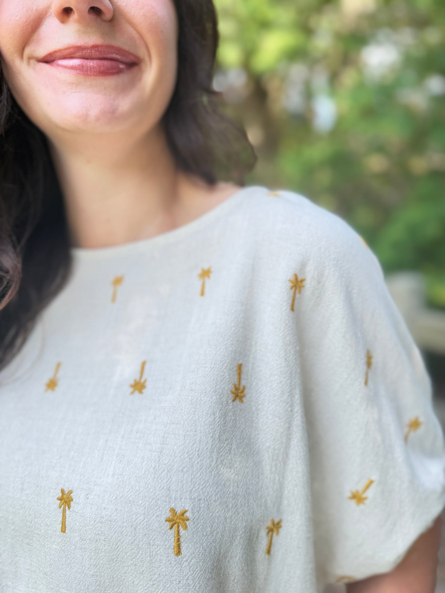 Embroidered Linen Smocked Waist Pants