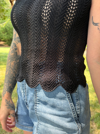 Eyelet Scalloped Hem Top Black