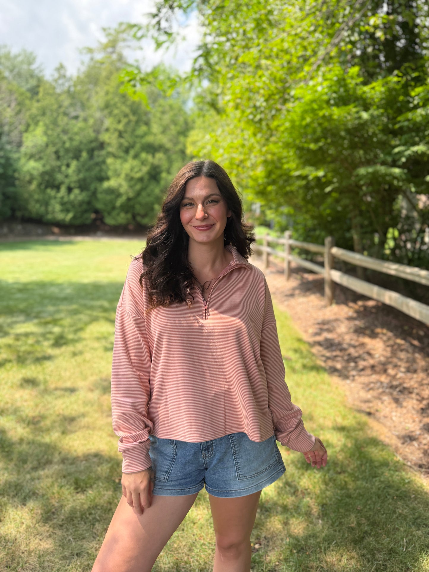 Striped Half Zip Knit Pullover Top Mauve