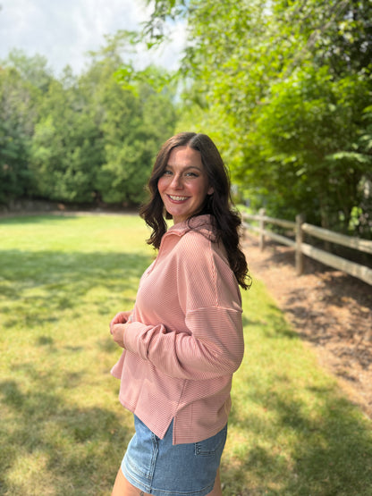 Striped Half Zip Knit Pullover Top Mauve