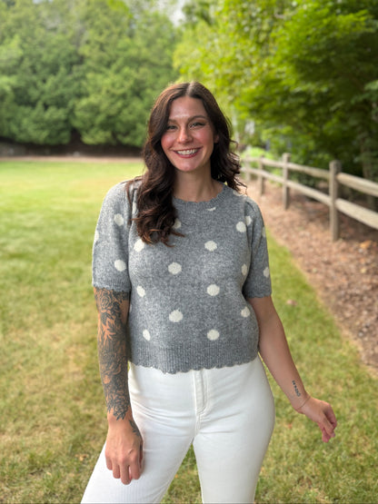 Polka Dot Short Sleeve Sweater Top Grey