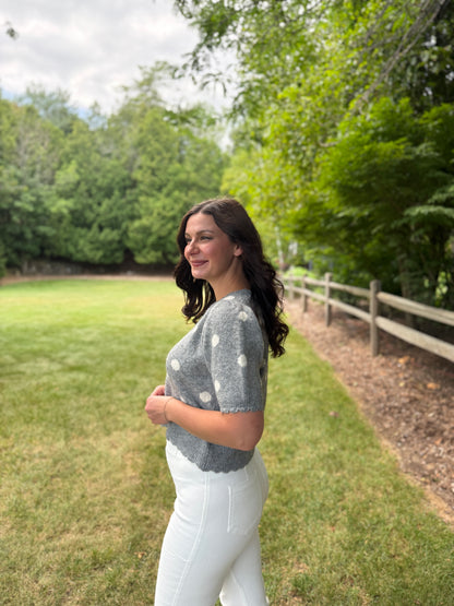 Polka Dot Short Sleeve Sweater Top Grey